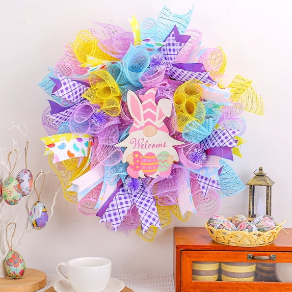 Nkmbld Easter Wreath, Easter Bunny Wooden Sign Wreath Door Hanging Festive Home Mesh and Rattan Loop Decorative Prop for Door Wall Mantel Window Decor