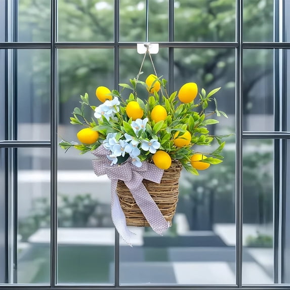 Nkmbld Easter Wreath, Spring and Summer Flower Garlands Easter Simulation Lemon Door Hanging Spring Flower Basket for Home Door Wall Mantel Window Decor