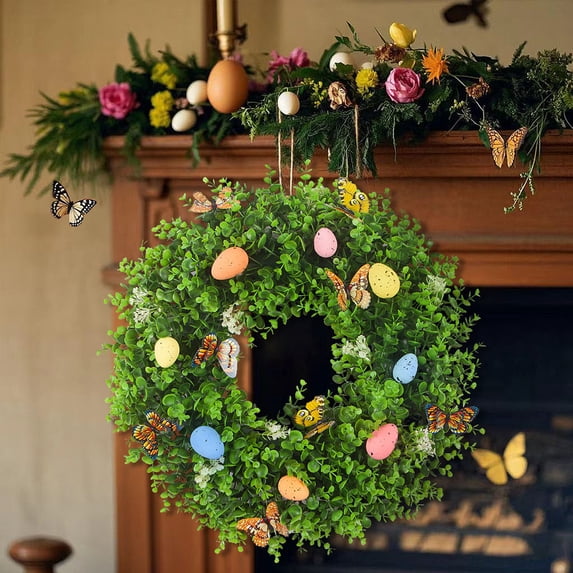 Nkmbld Easter Wreaths for Front Door, Easter Wreath with Colored Eggs and Butterflies Spring Assorted Tree Decorations Colorful Indoor Outdoor Home Decor Patio Porch