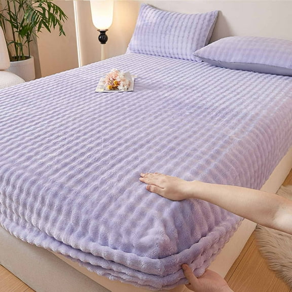Nkmbld Fitted Bed Sheet Winter Rabbit Plush Velvet Bed Hat Single Piece Padded Bed Cover Mattress Protector Thickened Velvet Bed Cover Rabbit Velvet Bedspread, Queen, Purple
