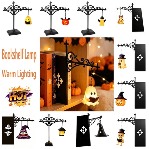 Nkmbld Halloween Bookshelf Lamp, Vintage Library Lantern Decorative Bookshelf Lighting, Hanging Ghost Lantern Book Shelf Light with Warm LED Glow