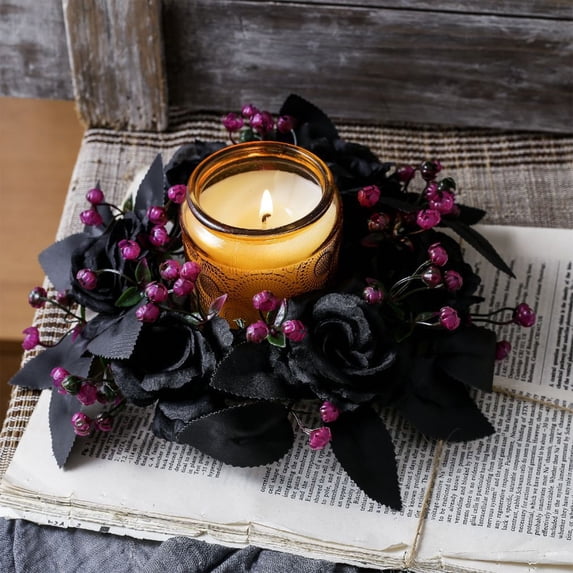 Nkmbld Halloween Candle Rings Wreaths, Thanksgiving Autumn Decorative Artificial Maple Leaf Floral Holder Festival Holiday Party Decoration
