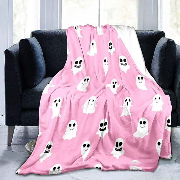 Nkmbld Halloween Fleece Throw Blanket Cute White Ghost Festival Shawl Blanket, Soft Nap Black Velvet Fleece for Bed,Sofa,Chair,Camping and Travel