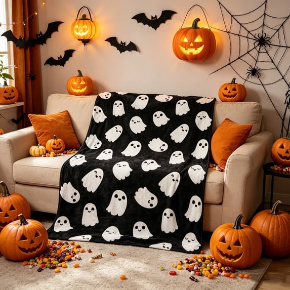 Nkmbld Halloween Ghost Blanket for Couch, Fuzzy Fluffy Soft Cozy Nap Blanket for Chairs, Sofa, Bed, Fall Harvest Gifts and Farmhouse Home Decor