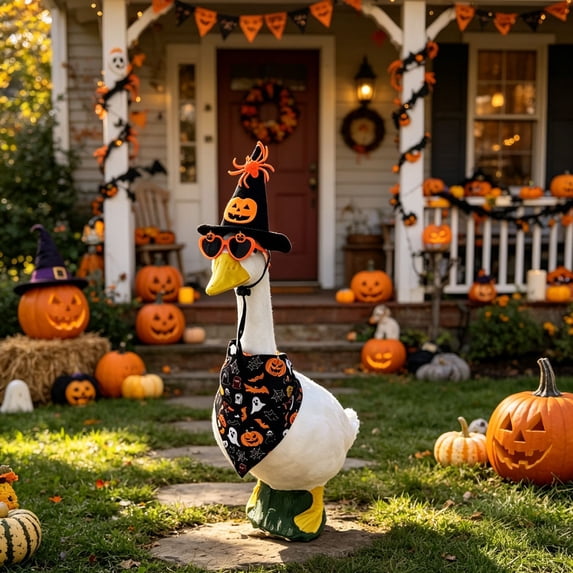 Nkmbld Halloween Porch Goose Decor for 23" Lawn Cement Plastic Goose Statue Decor, Porch Geese Witch Clothes for Halloween Thanksgiving Garden Yard Decor