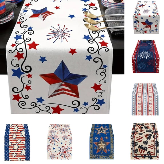Nkmbld Independence Day Table Runner, 13x72 Inch Vintage Stripes Star Table Runners Decorations Linen Table Cloth for Home Kitchen Patriotic Decoration
