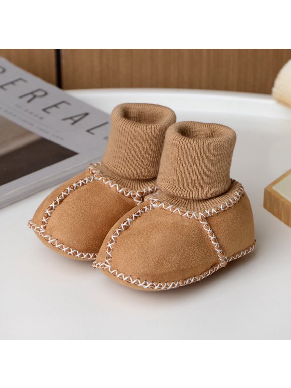 Kid's Walking Shoes with Slip-Resistant Soles, Soft Sole Sock Shoes Winter Warm Breathable Imitation Sheepskin Floor Socks Indoor Shoes, Brown