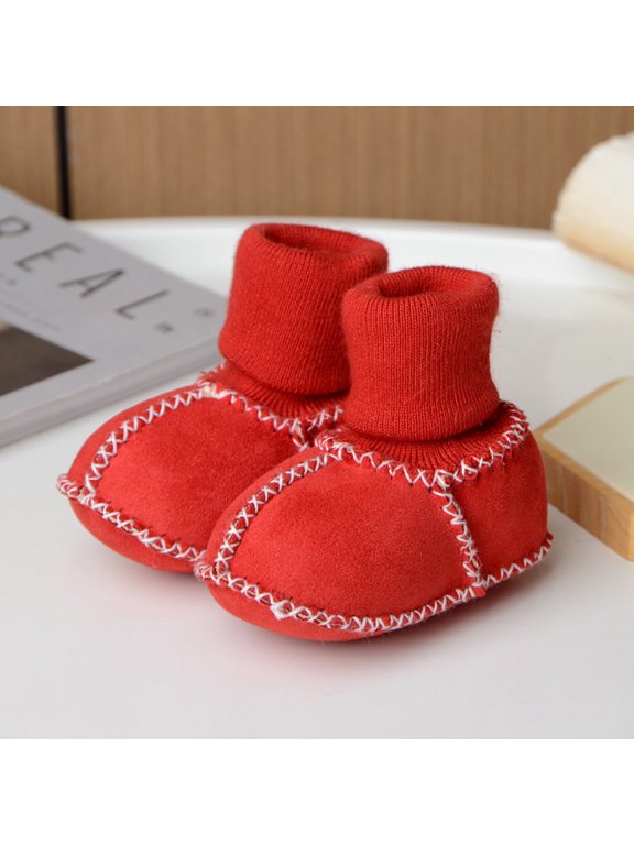 Kid's Walking Shoes with Slip-Resistant Soles, Soft Sole Sock Shoes Winter Warm Breathable Imitation Sheepskin Floor Socks Indoor Shoes, Red