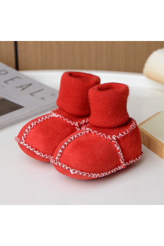 Kid's Walking Shoes with Slip-Resistant Soles, Soft Sole Sock Shoes Winter Warm Breathable Imitation Sheepskin Floor Socks Indoor Shoes, Red