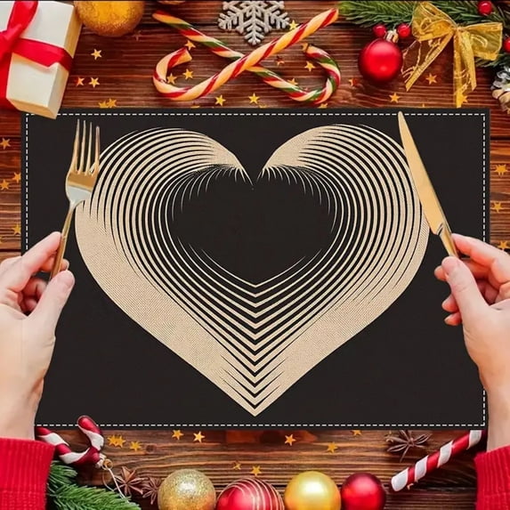 Nkmbld Kitchen Placemats Gold and Black Heart-Patterned Textured Print Place Mats Non-Slip Stain Resistant Kitchen Table Mats Easy to Clean