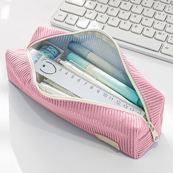 Nkmbld Large Capacity Pencil Case Portable Corduroy Pencil Pouch with Zipper, Cute Wide Opening Pencil Bag for Boys Girls, Pink