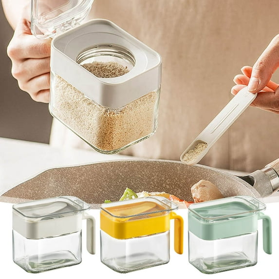 Nkmbld Large Capacity Spice Dispensers with Spoon, Household Kitchen Handle Flip Cover Sugar & Condiment Jars Organizer, White