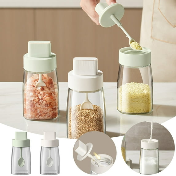 Nkmbld Large Capacity Spice Dispensers with Spoon, Household Kitchen Handle Flip Cover Sugar & Condiment Jars Organizer, White