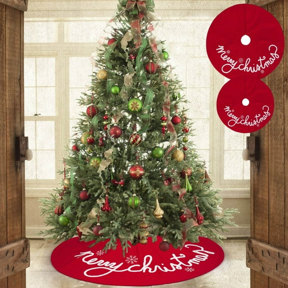 Nkmbld Large Christmas Tree Skirt Double-Layer Design, Christmas Tree Collar with White Snowflakes Merry Christmas Sign Xmas Tree Decor, Red