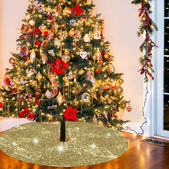 Nkmbld Large Sequin Christmas Tree Collar, Christmas Decorations Holiday Seasonal Tree Mat for Xmas Holiday Party Ornaments Decorations Supplies, Brown