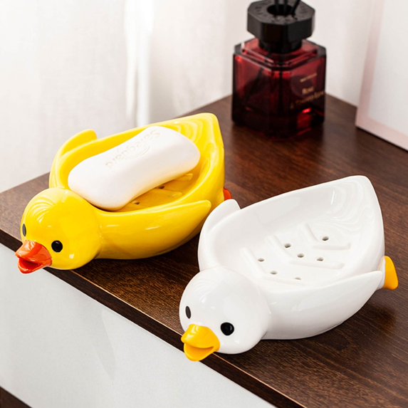 Nkmbld Leakproof Soap Container, Ceramic Little Yellow Duckss Soap Box Cute Duckss Shaped Soap Case Toilet Storage Rack for Home Decoration, White