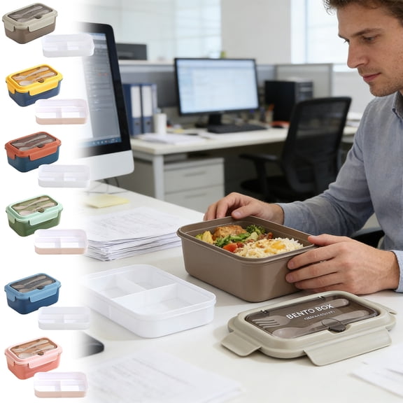 Nkmbld Lunch Box Containers, Double Layered Lunchbox with Fork Spoon, Large Capacity Bento Box Reusable Lunch Food Containers with Lids, Microwave Safe