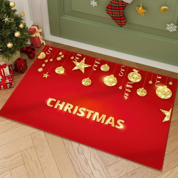 Nkmbld Merry Christmas Door Mat, Xmas Front Door Welcome Mats, Non-Slip Indoor Entrance Floor Mat, Holiday Winter Home Decoration, Red