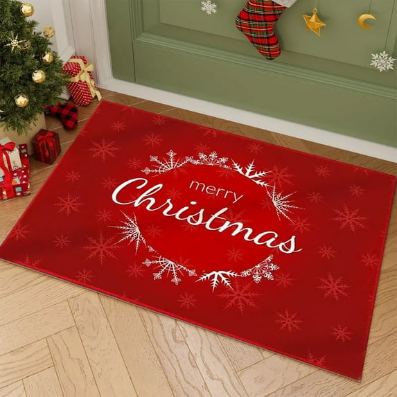 Nkmbld Merry Christmas Door Mat, Xmas Front Door Welcome Mats, Non-Slip Indoor Entrance Floor Mat, Holiday Winter Home Decoration, Red