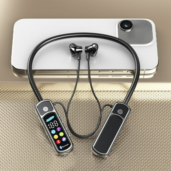 Nkmbld Noise Cancelling Headphones Neck Hanging Bluetooth Earphones with LED Color Screen and Battery Display Karaoke Earphones with Ear Reverb Supports Card Insertion Playback,Black