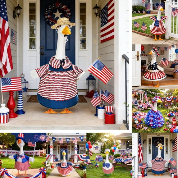 Nkmbld Patriotic Porch Goose Outfits 4th of July Goose Clothes Fits 23" Cement Plastic Goose Statue for Outdoor Lawn Garden Yard Patio Decoration
