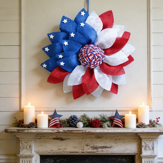 Nkmbld Patriotic Wreath for Front Door, IRed White Blue Garlands Hanging Sign Independence Day Decorative Door Porch Wall Window Hanging Ornaments
