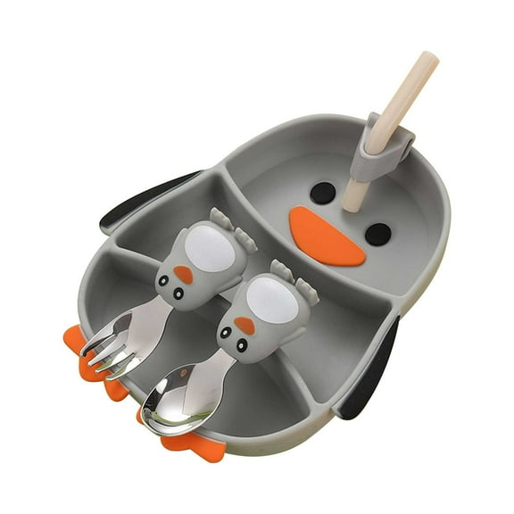 Nkmbld Penguin Themed Tableware Set Food Grade Unbreakable Portion Control Dinner Diet Plates, Reusable Lightweight Divided Dish Set, Gray
