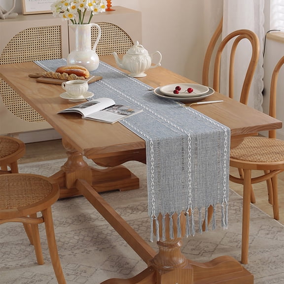 Nkmbld Picnic Table Cloth Hemstitched Tablecloth Cottons Linen Table Runners Embroidered Striped Boho Table Cover Home Decor, Gray