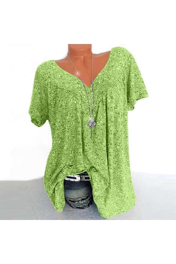 Plus Size Tops for Women, Short Sleeves V-Neck Print Blouse Pullover Tops Loose Casual Summer Tops, Green, Size S-5XL