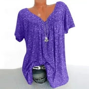 Nkmbld Plus Size Tops for Women, Short Sleeves V-Neck Print Blouse Pullover Tops Loose Casual Summer Tops, Purple, Size S-5XL