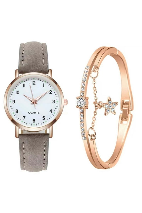 Portable Wristwatches Women's Classic Quartz Watch with Luminous Dial, Frosted Leather Strap, Retro Small Round Women's Watch with Bracelet, Gray
