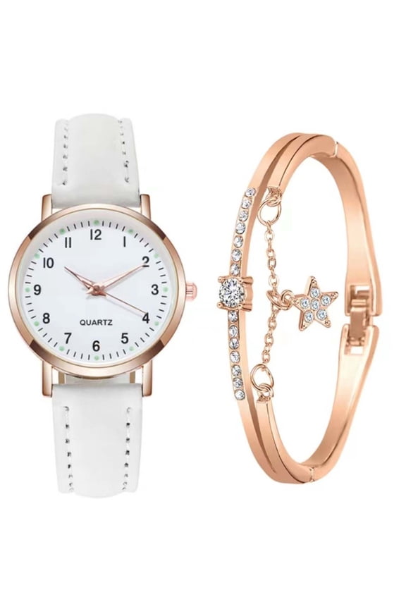Portable Wristwatches Women's Classic Quartz Watch with Luminous Dial, Frosted Leather Strap, Retro Small Round Women's Watch with Bracelet, White