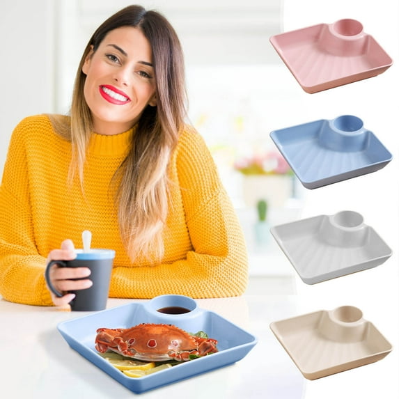 Nkmbld Reusable Lightweight Plates Dishwasher and Microwave Safe, Dumplings Tray with Vinegar Household Plastic Plates for Dessert Noodles Fries, Beige