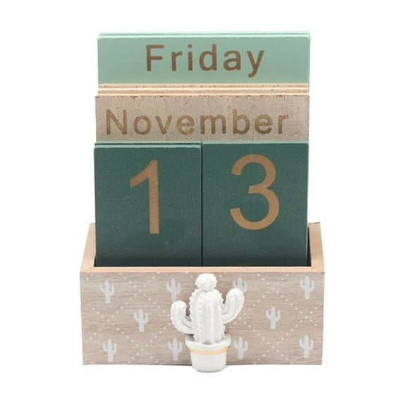 Nkmbld Reusable Wooden Perpetual Desk Calendar Blocks, Minimalism Decorative Home and Office Desktop Calendar, Natural Wood Date Display Calendar Ornament, Green