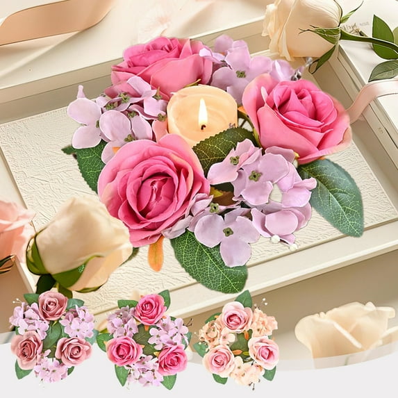 Nkmbld Rose Candle Ring Wreaths for Home Cabinets Artificial Berry Candle Rings for Home, Wedding, Christmas Holiday Table Centerpiece Decorations