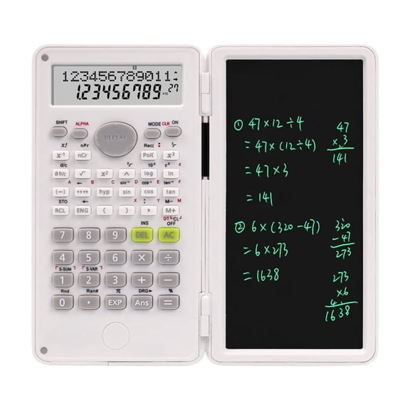 Nkmbld Scientific Calculator with LCD Writing Tablet, Dual-Line Display, Pull-Out Stylus, Multifunctional Calculator for Office, Home, Business, White