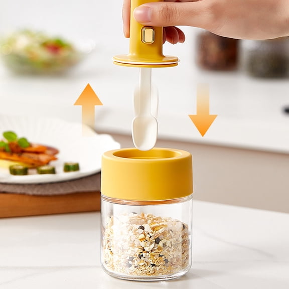 Nkmbld Seasoning Bottle with Spoon, Kitchen Sealed Quantitative Condiment Jar Glass Kitchen Condiment Bottle for Spices Salt Herbs Powders, Yellow