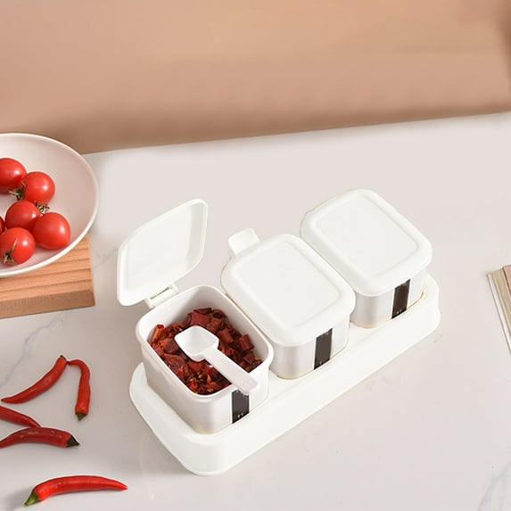 Nkmbld Seasoning Storage Containers Press Type Seasoning Box Easy 3 Compartments Spice Dispensers for Salt Sugar Cardamon Cruet Cinnamon, White