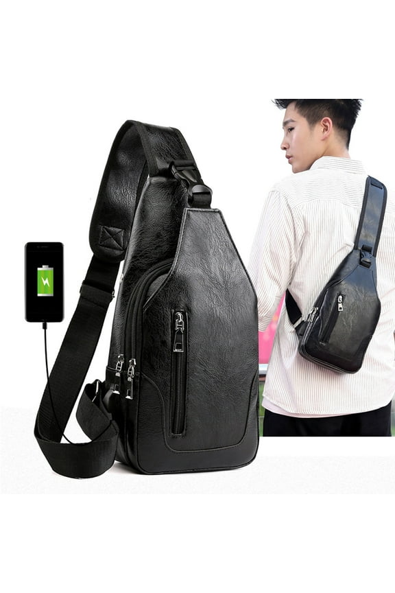 Shoulder Bag for Women, Soft Leather Sling Bag, Shoulder Backpack Chest Bags Crossbody Daypack with Usb and Earphone Hole for Hiking Camping Outdoor Trip, Black