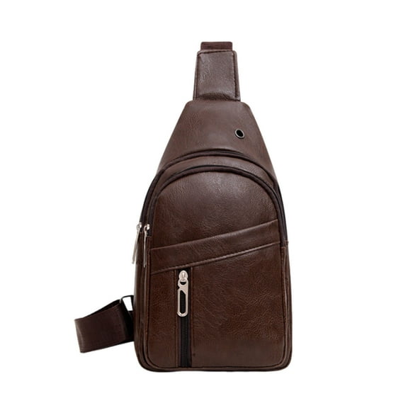 Nkmbld Sling Bag for Men, Soft Leather Strap Bag Crossbody Backpack with Headphone Hole Multipurpose Chest Bag for Travel Sport Running Hiking, Brown
