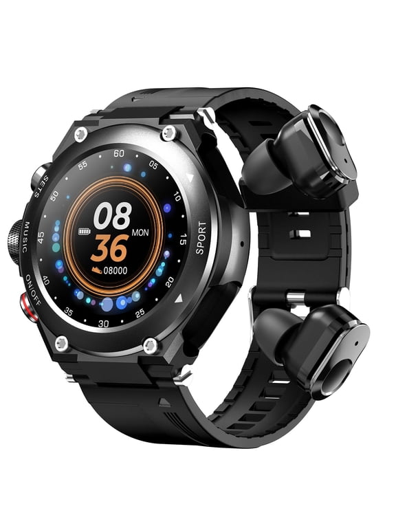 Smart Watch for Men T92 Smartwatch with Earbuds MP3 Bluetooth Earphones Smartwatch with Built- Wireless Earbuds Speaker Circular Fitness, Black