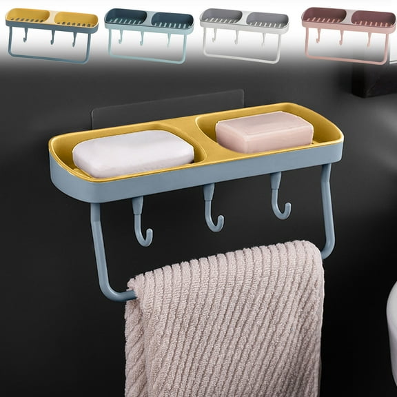 Nkmbld Soap Dish Holder with Double-Compartment, Wall Mounted Soap Dispenser Bathroom Rack Dormitory Soap Towel with Hook Storage Rack, Blue