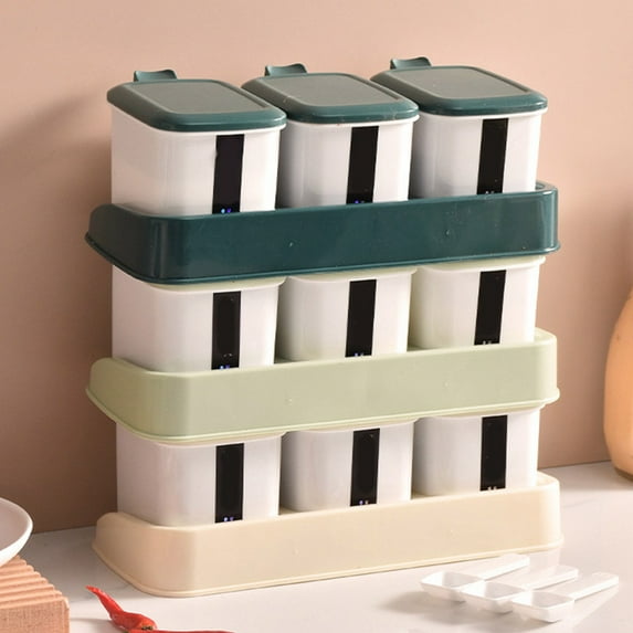 Nkmbld Spice Storage Box Set Press Type Seasoning Box Easy 3 Compartments Spice Dispensers for Salt Sugar Cardamon Cruet Cinnamon, Green