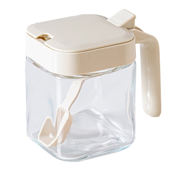 Nkmbld Spice Storage Box with Spoon Kitchen Transparent Seasoning Jar Sealed Proof Quantitative Condiment Jar Large Opening Glass Jar, White