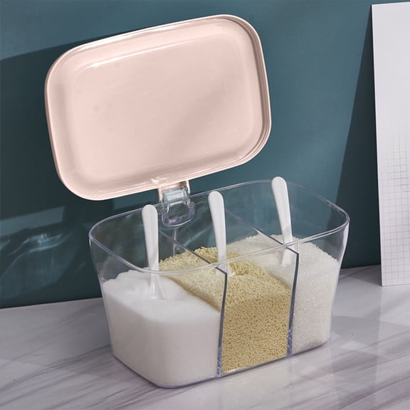 Nkmbld Spice Storage Containers with 3 Compartments and 3 Spoons Kitchen Condiment Jar for Keeping Sugar,Salts,Spice,Pepper Powder, Pink