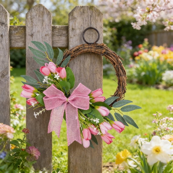 Nkmbld Spring Door Wreath, Spring Artificial Tulips Bow Wreath Door Hanger Rattan Wreath for Wall Porch Window Home Decorations