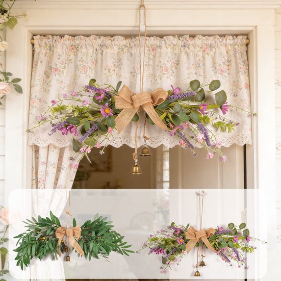 Nkmbld Spring Wreaths for Front Door, Artificial Wall Hanging with Jute Rope Bow and Bells Decor for Home Farmhouse Indoor Outdoor Window Wall Decor