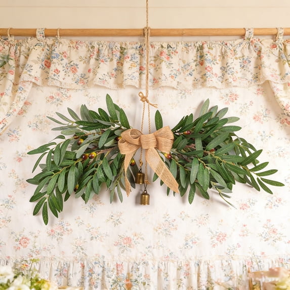 Nkmbld Spring Wreaths for Front Door, Artificial Wall Hanging with Jute Rope Bow and Bells Decor for Home Farmhouse Indoor Outdoor Window Wall Decor
