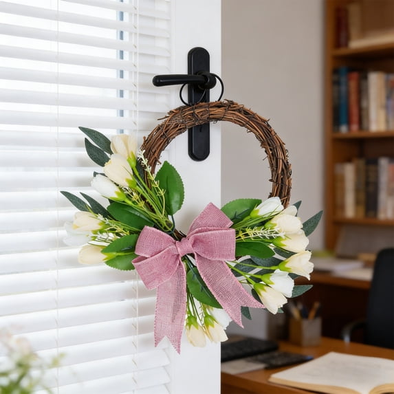Nkmbld Spring Wreaths for Front Door, Spring Artificial Tulips Bow Wreath Door Hanger Rattan Wreath for Wall Porch Window Home Decorations