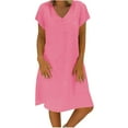 thumbnail image 1 of Nkmbld Summer Dresses for Women V-Neck Solid Short Sleeve Linen Dress Knee Long Dress, 1 of 5